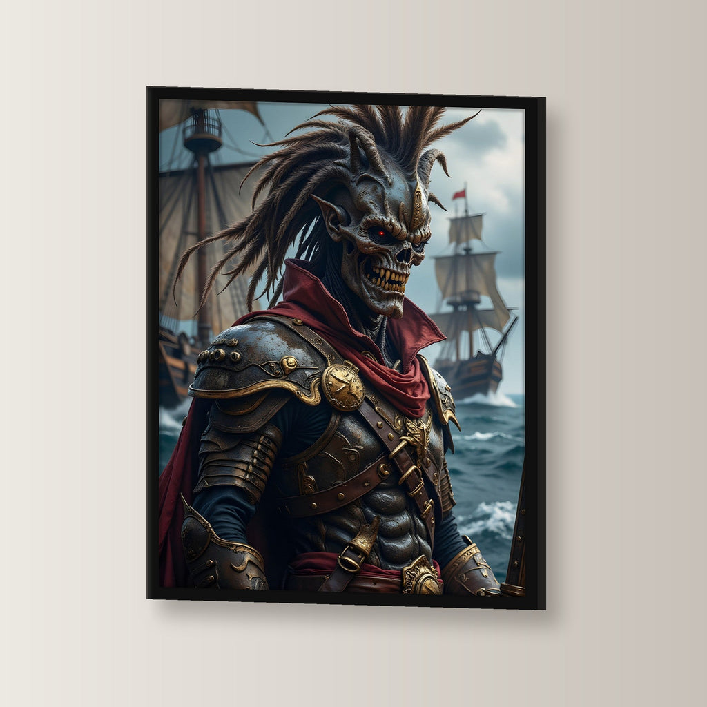 Untoter Kapitän in goldener Rüstung vor der Flotte, Fantasy Wandbild gerahmt im schwarzen Holzrahmen, leicht gedreht an der Wand fotografiert