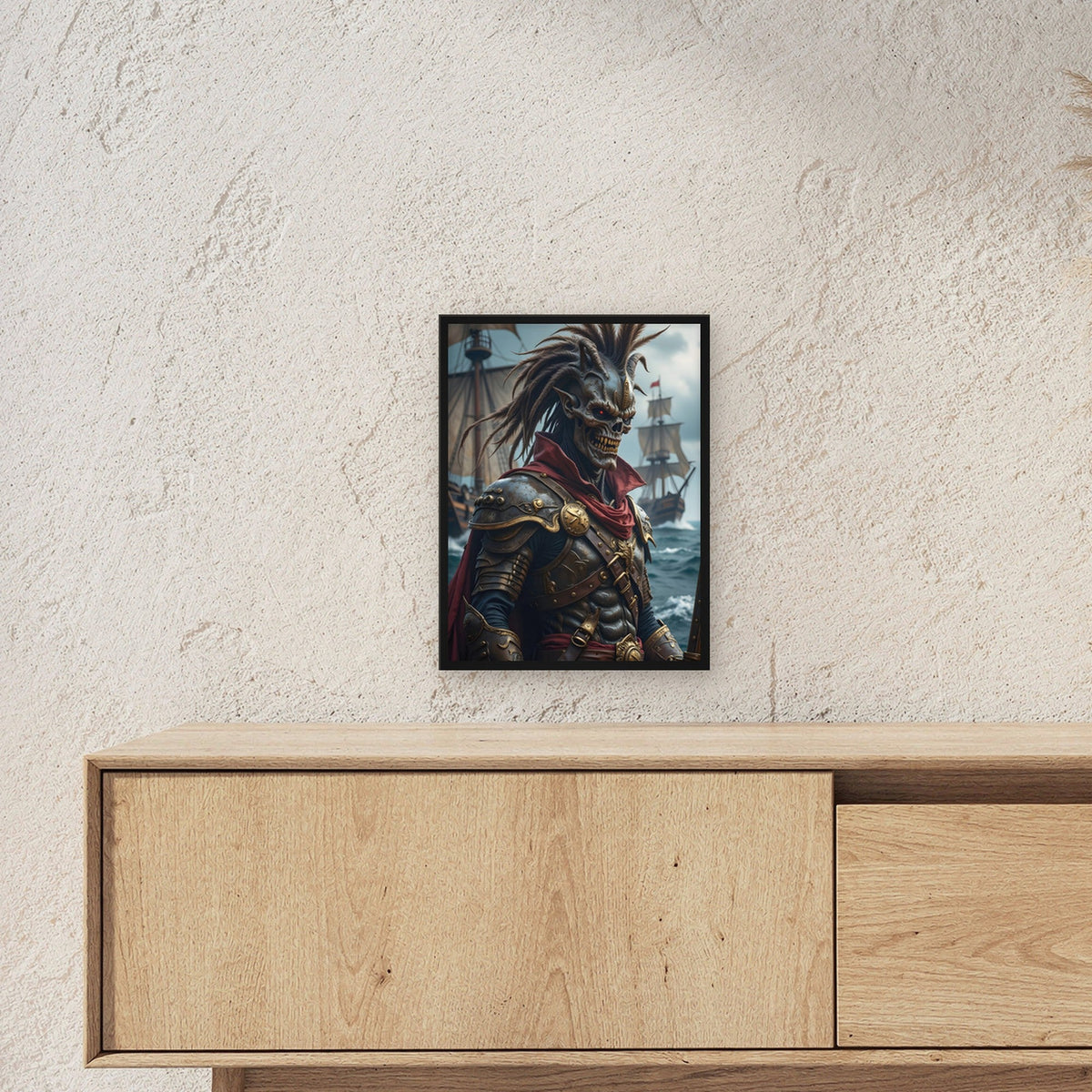 Untoter Kapitän in goldener Rüstung vor der Flotte, Fantasy Wandbild gerahmt im schwarzen Holzrahmen ueber einem Sideboard, zeigt die Groesse im Raum