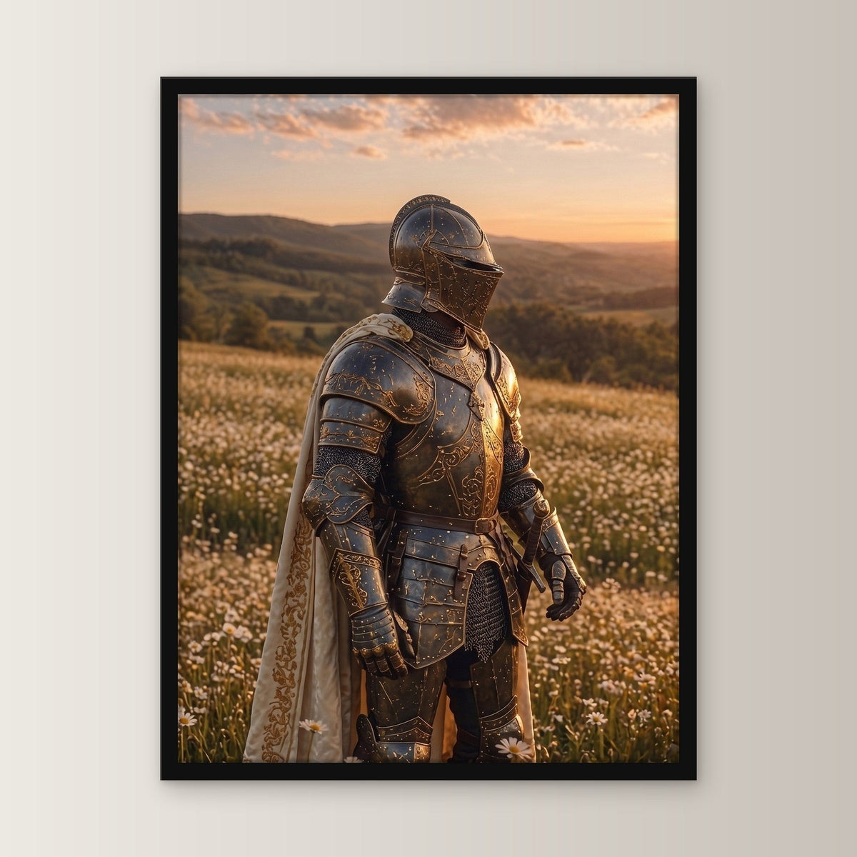 Dark-Fantasy Poster gerahmt im schwarzen Holzrahmen, gerade von vorn an heller Wand