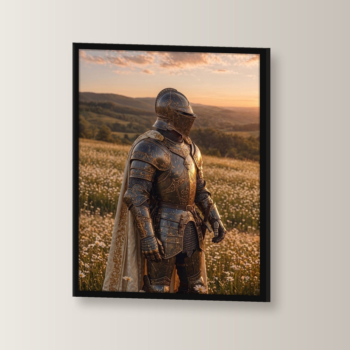 Dark-Fantasy Poster gerahmt im schwarzen Holzrahmen, leicht gedreht an der Wand fotografiert
