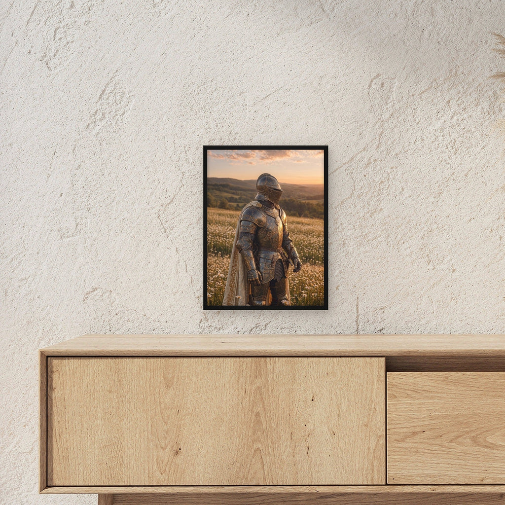 Dark-Fantasy Poster gerahmt im schwarzen Holzrahmen ueber einem Sideboard, zeigt die Groesse im Raum