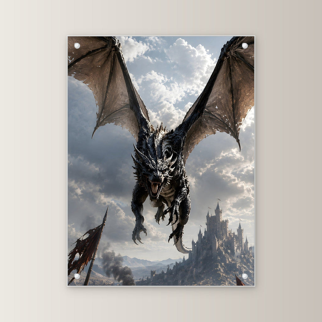 Schwarzer Drache im Sturzflug über dem Schlachtfeld, Dark Fantasy Acrylglasbild auf Acrylglas mit Edelstahl-Abstandshaltern, gerade von vorn an heller Wand