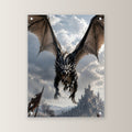 Schwarzer Drache im Sturzflug über dem Schlachtfeld, Dark Fantasy Acrylglasbild auf Acrylglas mit Edelstahl-Abstandshaltern, gerade von vorn an heller Wand