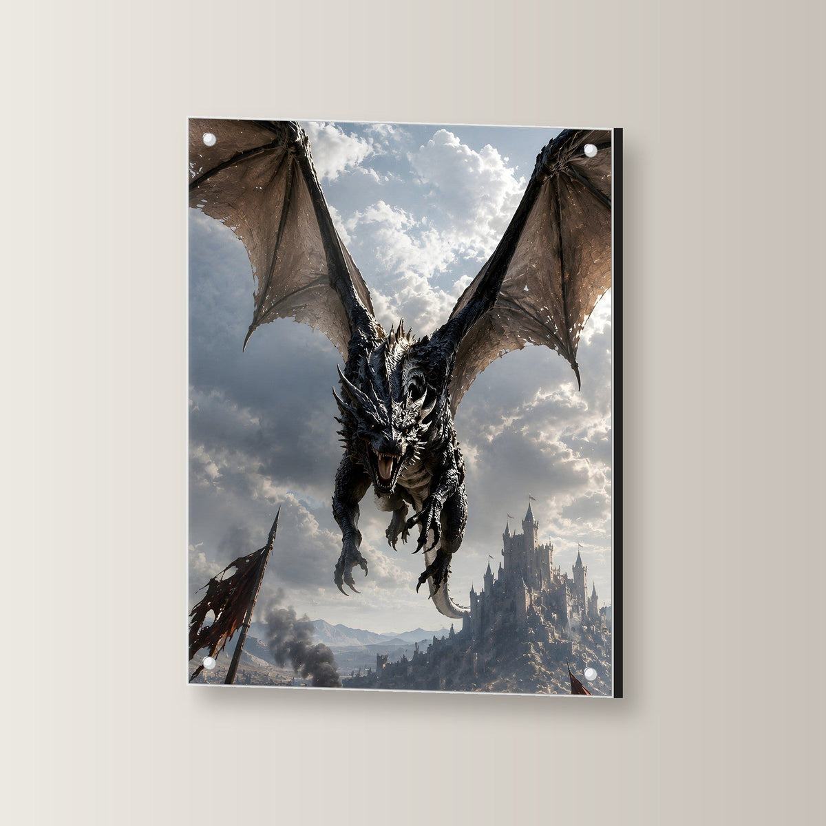 Schwarzer Drache im Sturzflug über dem Schlachtfeld, Dark Fantasy Acrylglasbild auf Acrylglas mit Edelstahl-Abstandshaltern, leicht gedreht an der Wand fotografiert
