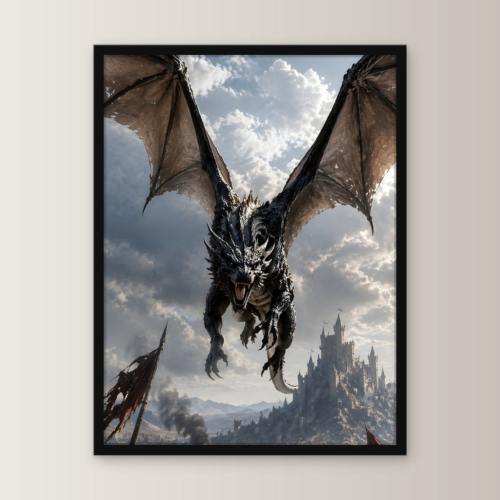 Schwarzer Drache im Sturzflug über dem Schlachtfeld, Fantasy Wandbild gerahmt im schwarzen Holzrahmen, gerade von vorn an heller Wand