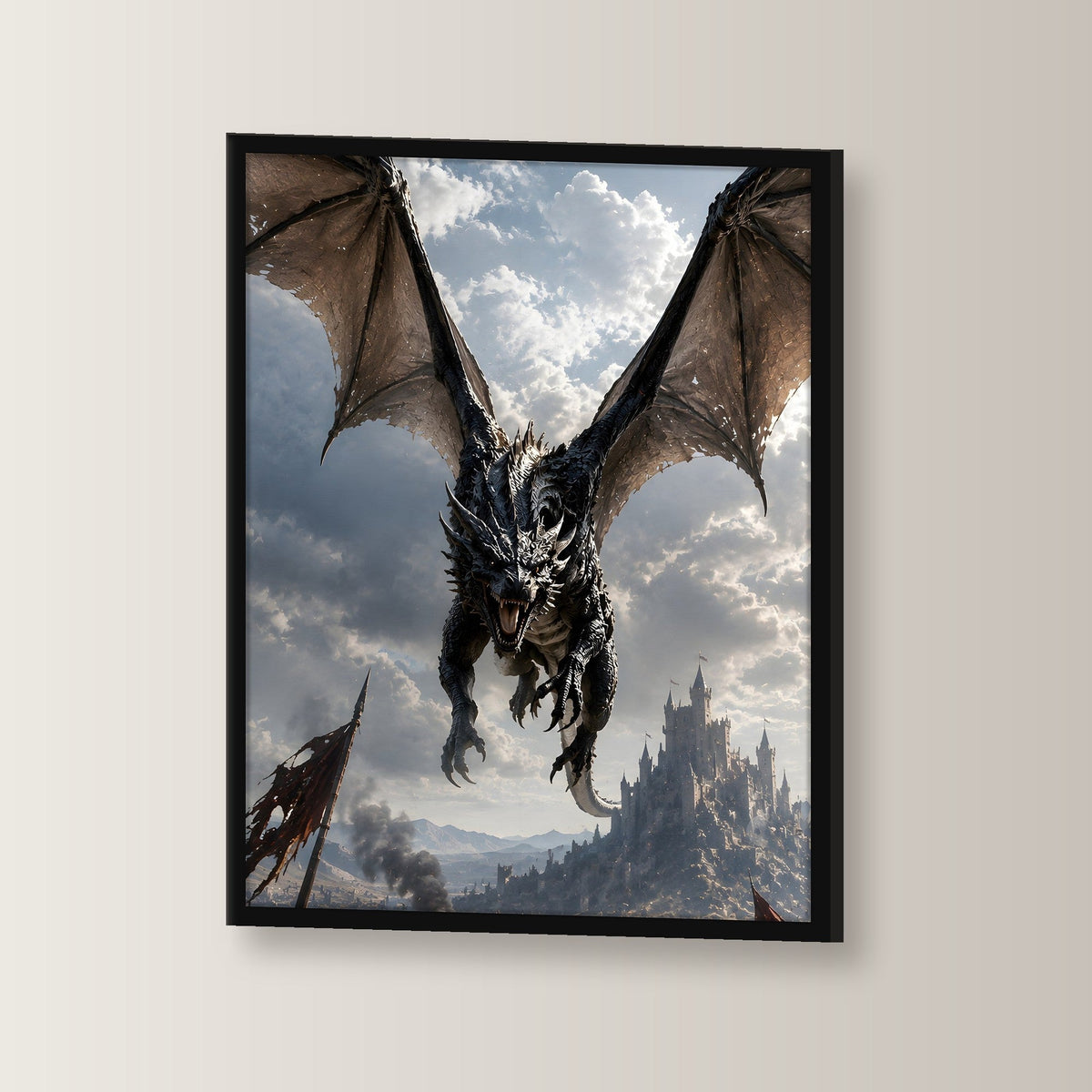 Schwarzer Drache im Sturzflug über dem Schlachtfeld, Fantasy Wandbild gerahmt im schwarzen Holzrahmen, leicht gedreht an der Wand fotografiert