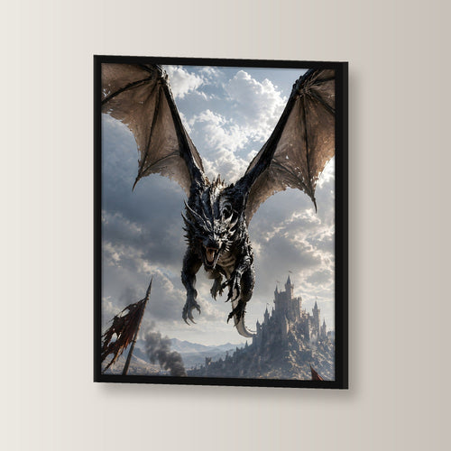 Schwarzer Drache im Sturzflug über dem Schlachtfeld, Fantasy Wandbild gerahmt im schwarzen Holzrahmen, leicht gedreht an der Wand fotografiert