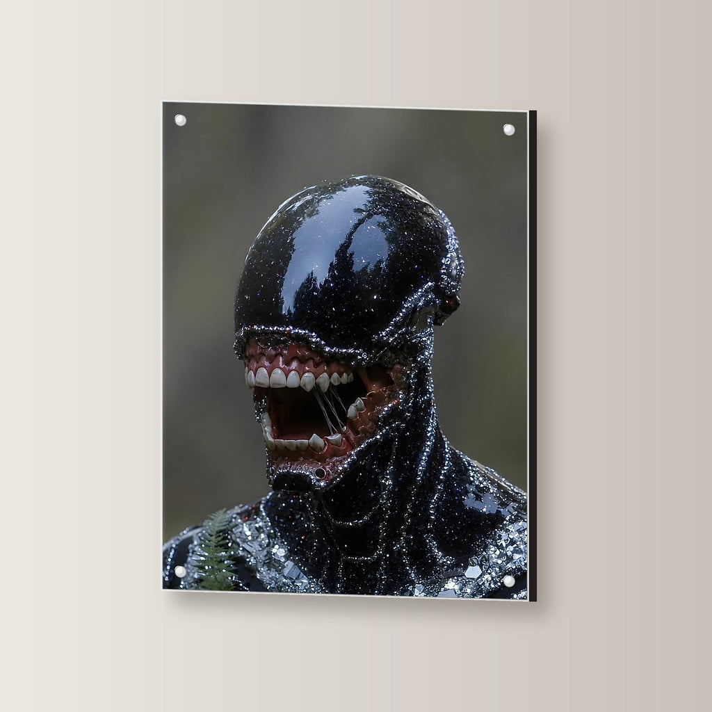 Dark Fantasy Wandbild Acrylglas | Gothic Kunstdruck auf Acrylglas mit Edelstahl-Abstandshaltern, leicht gedreht an der Wand fotografiert