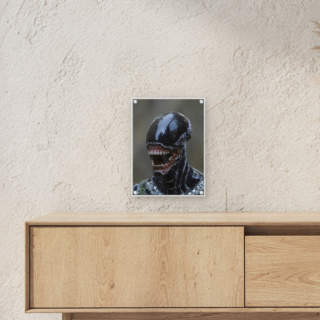 Dark Fantasy Wandbild Acrylglas | Gothic Kunstdruck auf Acrylglas mit Edelstahl-Abstandshaltern ueber einem Sideboard, zeigt die Groesse im Raum