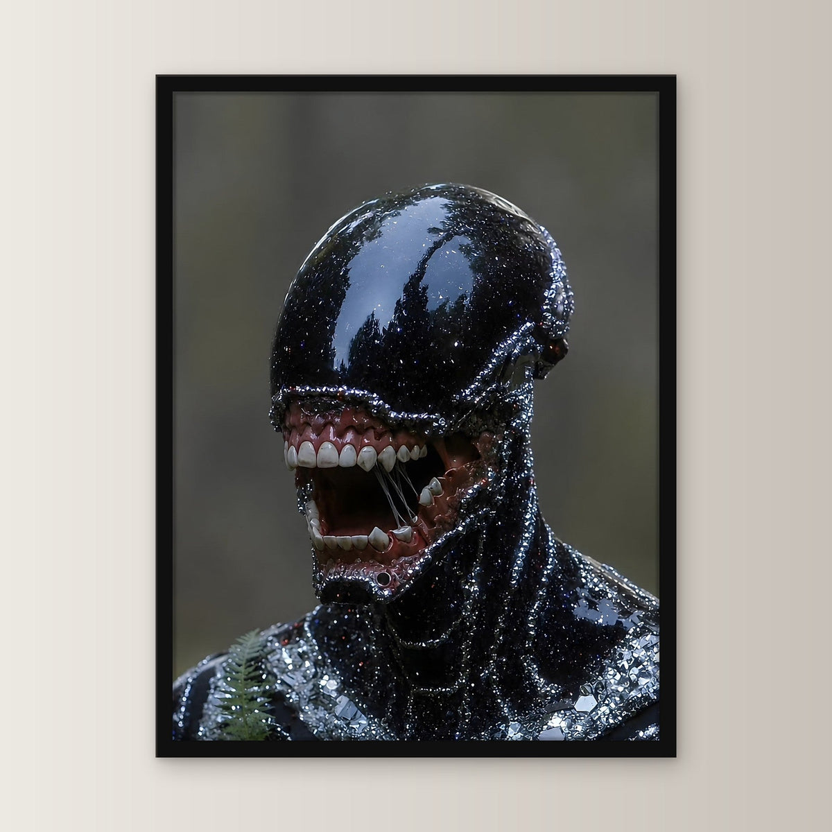 Dark Fantasy Wandbild gerahmt | Gothic Poster Deko im schwarzen Holzrahmen, gerade von vorn an heller Wand