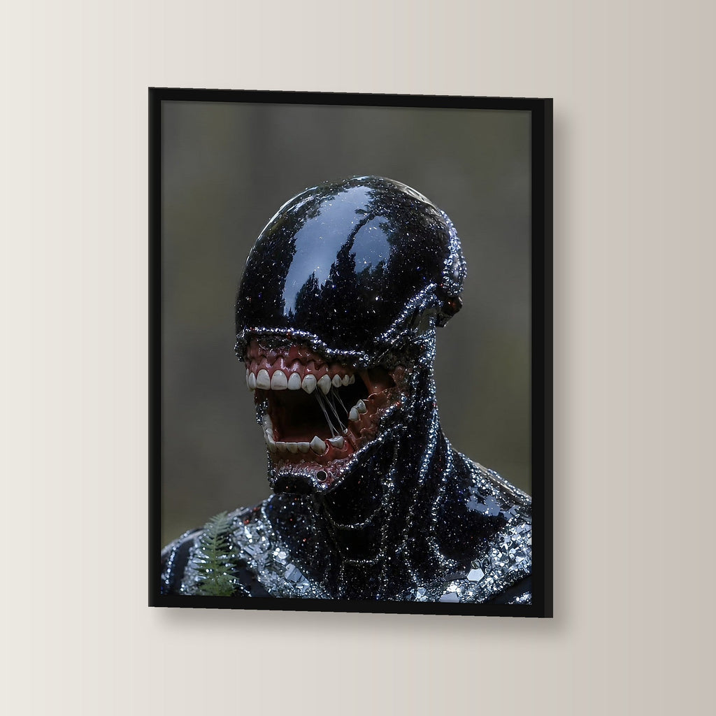 Dark Fantasy Wandbild gerahmt | Gothic Poster Deko im schwarzen Holzrahmen, leicht gedreht an der Wand fotografiert