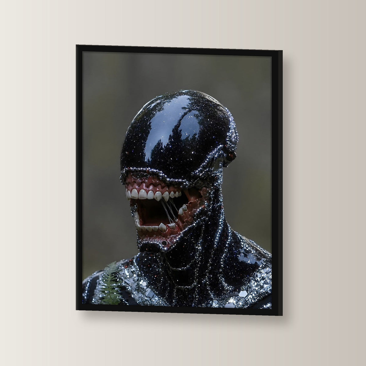 Dark Fantasy Wandbild gerahmt | Gothic Poster Deko im schwarzen Holzrahmen, leicht gedreht an der Wand fotografiert