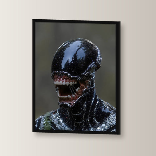 Dark Fantasy Wandbild gerahmt | Gothic Poster Deko im schwarzen Holzrahmen, leicht gedreht an der Wand fotografiert