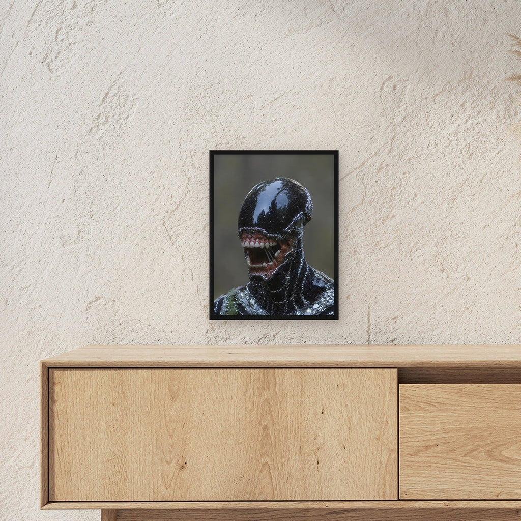 Dark Fantasy Wandbild gerahmt | Gothic Poster Deko im schwarzen Holzrahmen ueber einem Sideboard, zeigt die Groesse im Raum