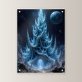 Kristallturm unter fremdem Mond, Surreales Acrylglasbild auf Acrylglas mit Edelstahl-Abstandshaltern, gerade von vorn an heller Wand