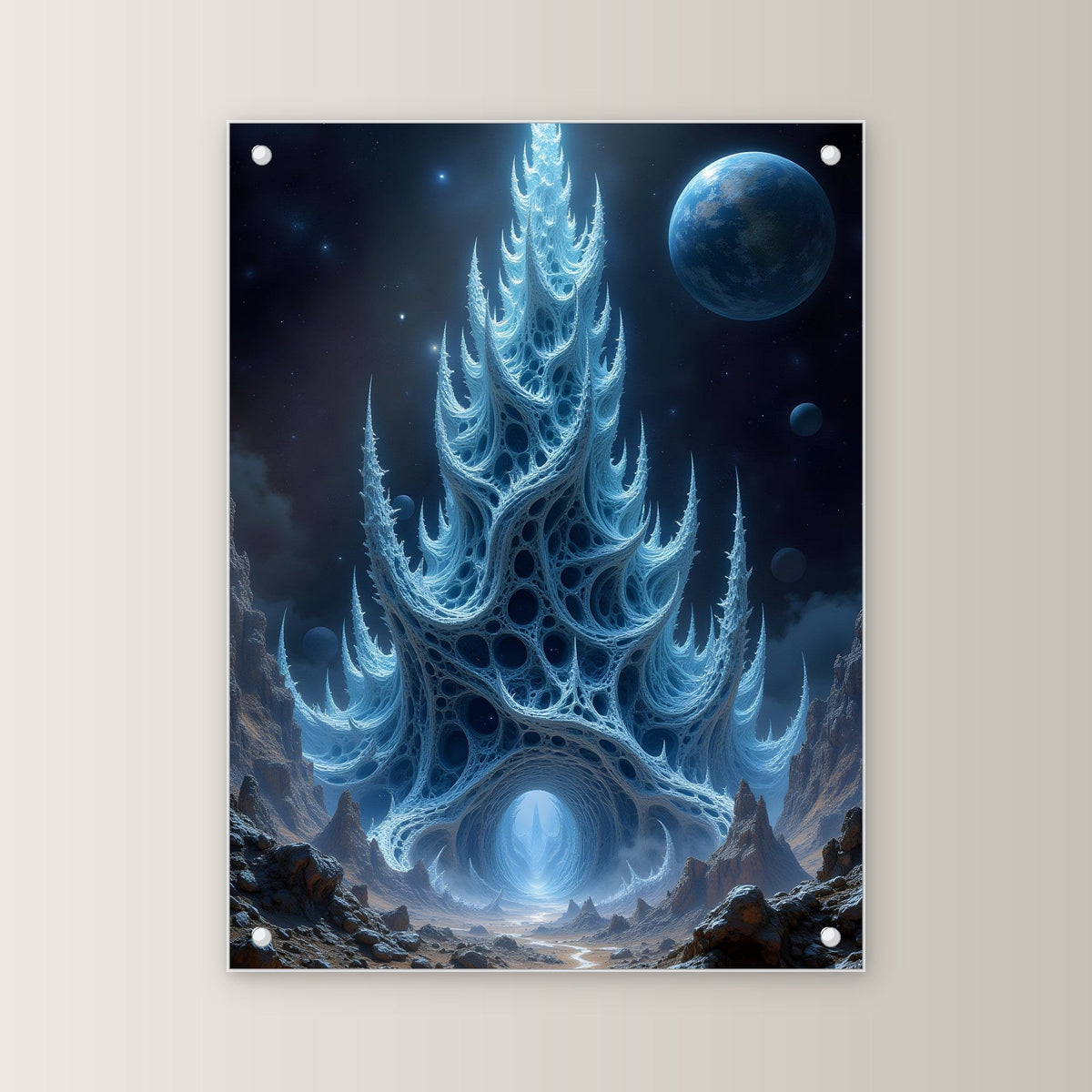 Kristallturm unter fremdem Mond, Surreales Acrylglasbild auf Acrylglas mit Edelstahl-Abstandshaltern, gerade von vorn an heller Wand