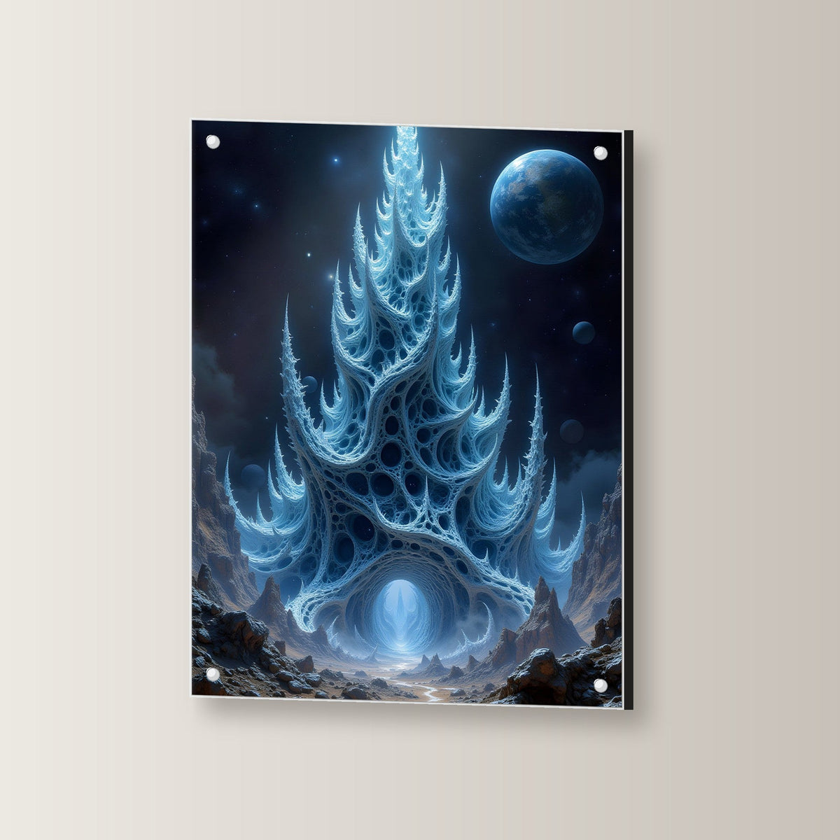 Kristallturm unter fremdem Mond, Surreales Acrylglasbild auf Acrylglas mit Edelstahl-Abstandshaltern, leicht gedreht an der Wand fotografiert
