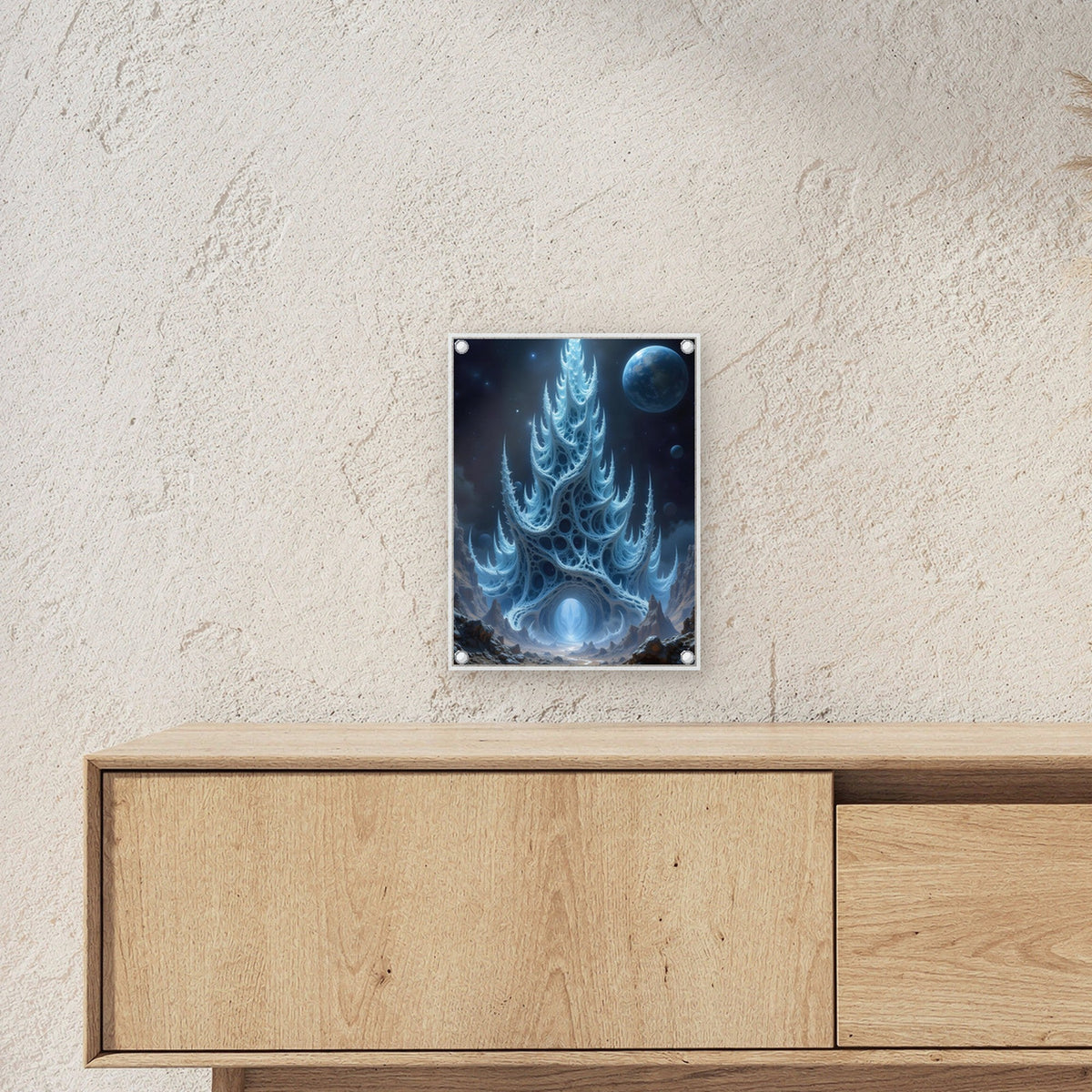 Kristallturm unter fremdem Mond, Surreales Acrylglasbild auf Acrylglas mit Edelstahl-Abstandshaltern ueber einem Sideboard, zeigt die Groesse im Raum
