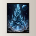 Kristallturm unter fremdem Mond, Surreales Wandbild gerahmt im schwarzen Holzrahmen, gerade von vorn an heller Wand
