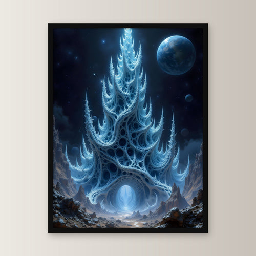 Kristallturm unter fremdem Mond, Surreales Wandbild gerahmt im schwarzen Holzrahmen, gerade von vorn an heller Wand