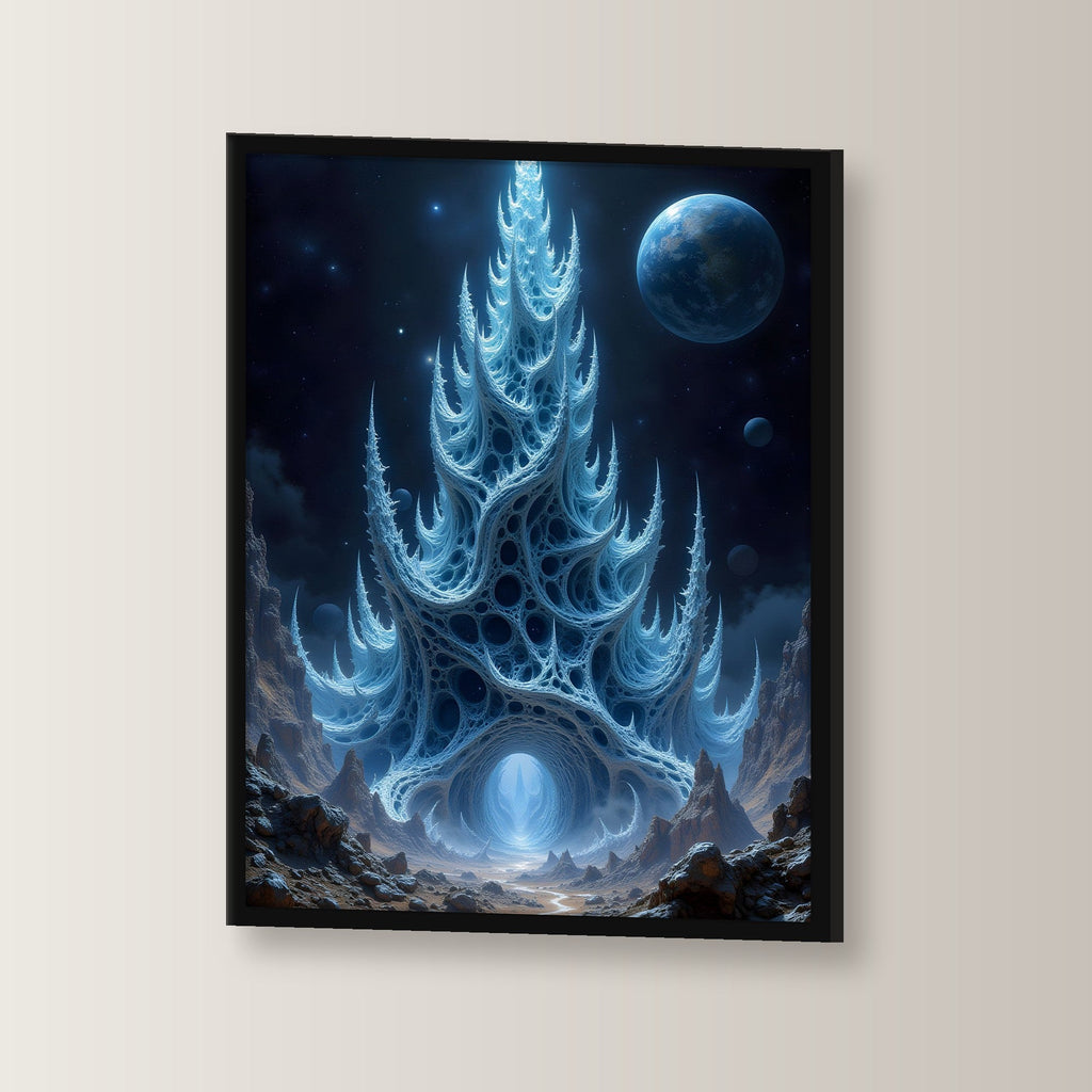 Kristallturm unter fremdem Mond, Surreales Wandbild gerahmt im schwarzen Holzrahmen, leicht gedreht an der Wand fotografiert