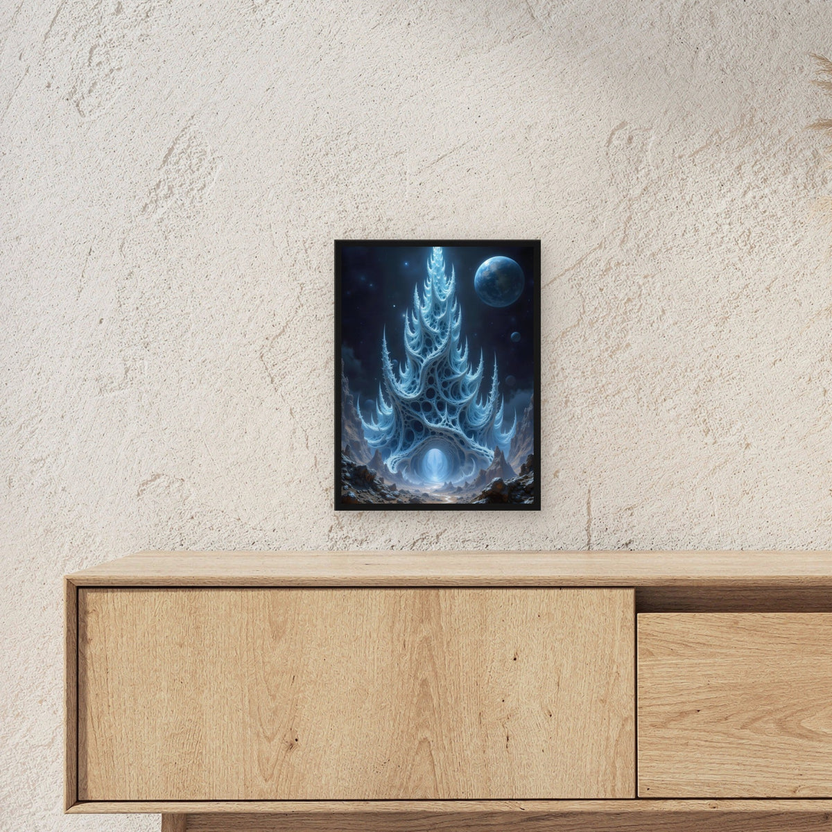 Kristallturm unter fremdem Mond, Surreales Wandbild gerahmt im schwarzen Holzrahmen ueber einem Sideboard, zeigt die Groesse im Raum