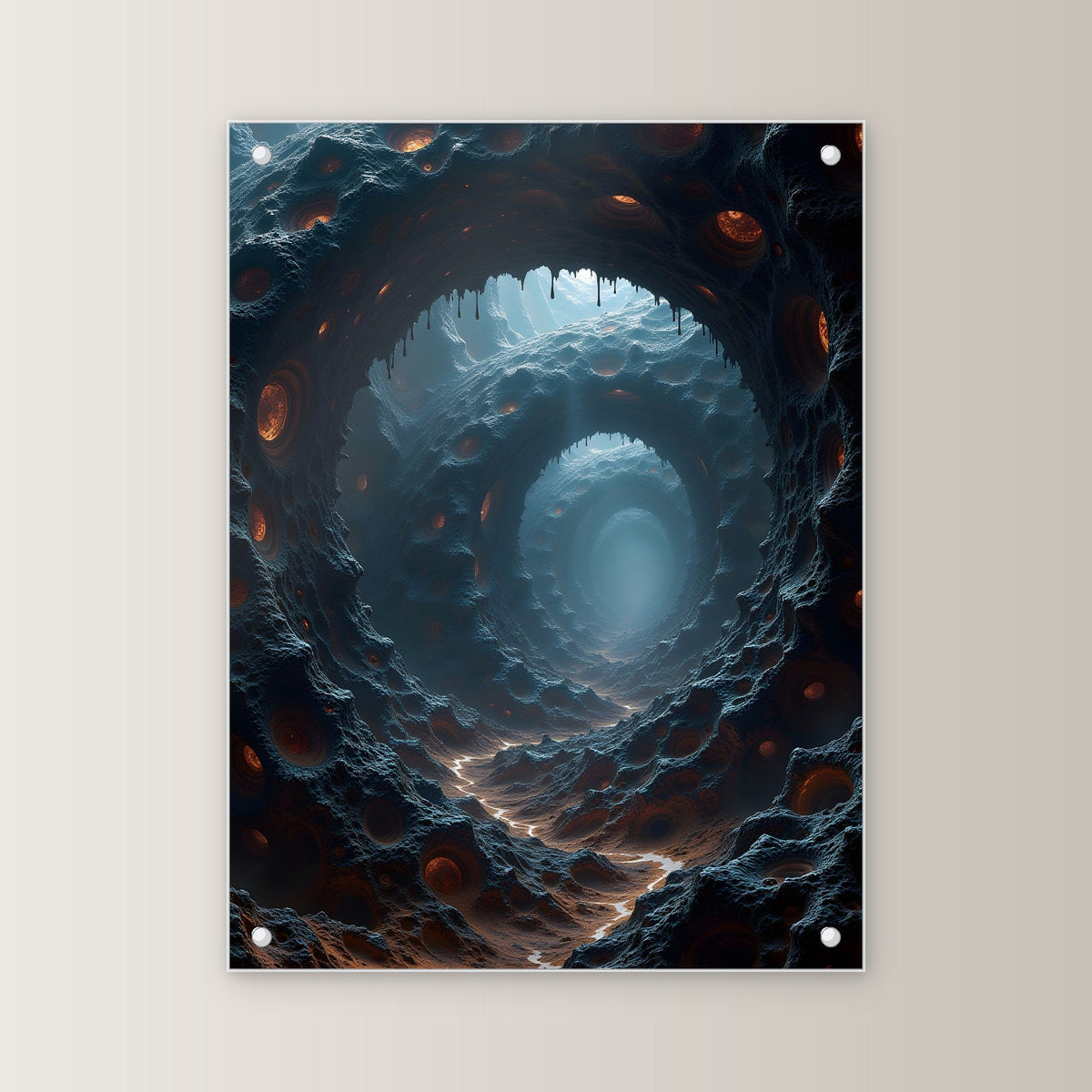 Endloser Tunnel aus Fels und glühenden Augen, Surreales Acrylglasbild auf Acrylglas mit Edelstahl-Abstandshaltern, gerade von vorn an heller Wand
