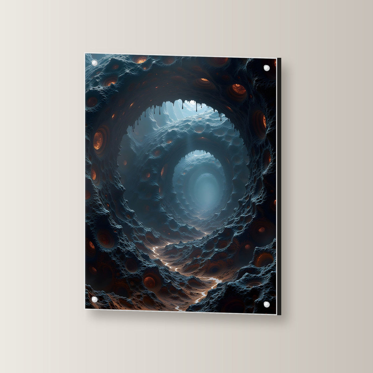 Endloser Tunnel aus Fels und glühenden Augen, Surreales Acrylglasbild auf Acrylglas mit Edelstahl-Abstandshaltern, leicht gedreht an der Wand fotografiert