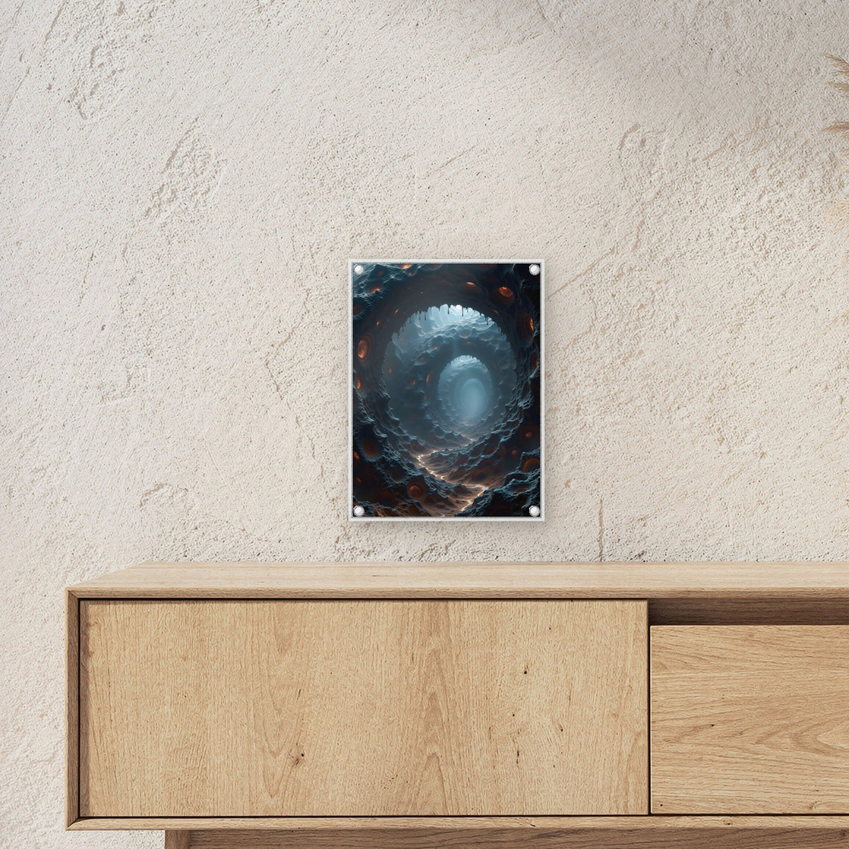 Endloser Tunnel aus Fels und glühenden Augen, Surreales Acrylglasbild auf Acrylglas mit Edelstahl-Abstandshaltern ueber einem Sideboard, zeigt die Groesse im Raum