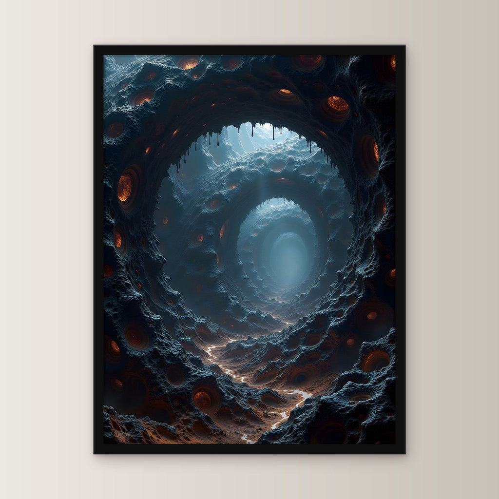 Endloser Tunnel aus Fels und glühenden Augen, Surreales Wandbild gerahmt im schwarzen Holzrahmen, gerade von vorn an heller Wand