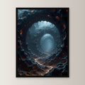 Endloser Tunnel aus Fels und glühenden Augen, Surreales Wandbild gerahmt im schwarzen Holzrahmen, gerade von vorn an heller Wand