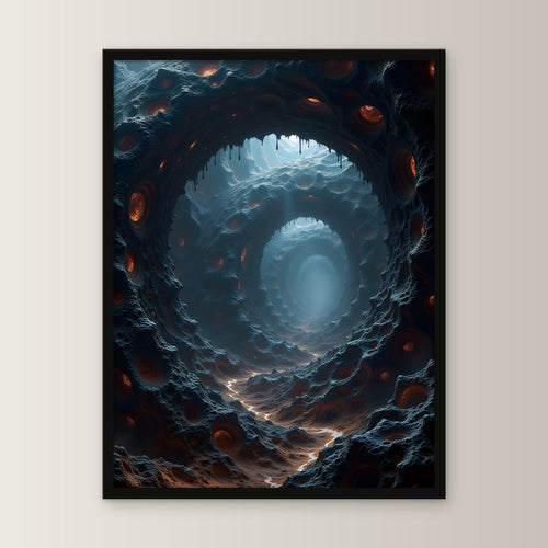 Endloser Tunnel aus Fels und glühenden Augen, Surreales Wandbild gerahmt im schwarzen Holzrahmen, gerade von vorn an heller Wand