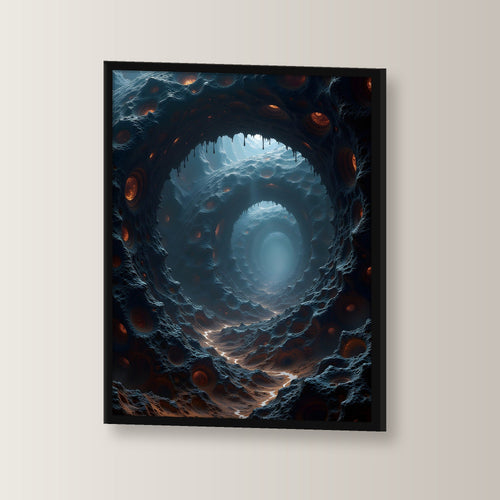 Endloser Tunnel aus Fels und glühenden Augen, Surreales Wandbild gerahmt im schwarzen Holzrahmen, leicht gedreht an der Wand fotografiert