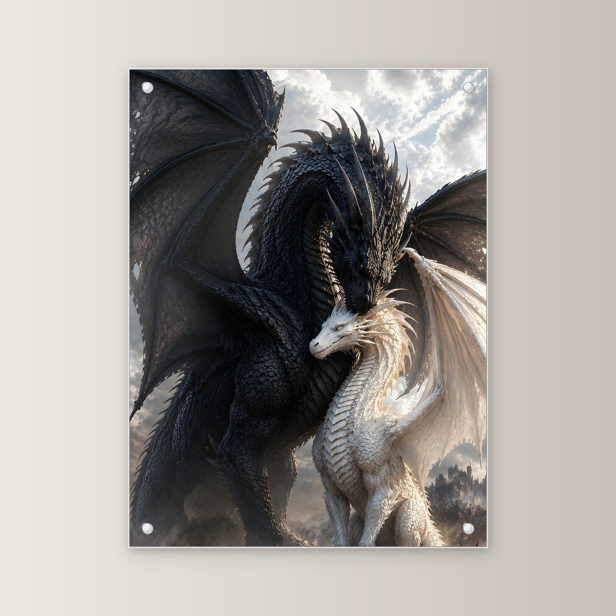 Schwarzer und weißer Drache eng beieinander, Dark Fantasy Acrylglasbild auf Acrylglas mit Edelstahl-Abstandshaltern, gerade von vorn an heller Wand