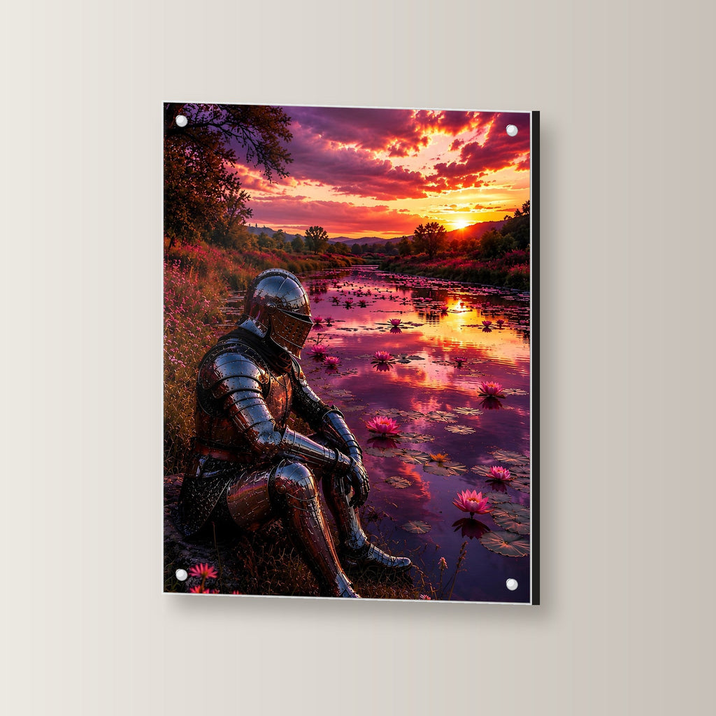 Ritter & Seerosen, Acrylglasbild auf Acrylglas mit Edelstahl-Abstandshaltern, leicht gedreht an der Wand fotografiert