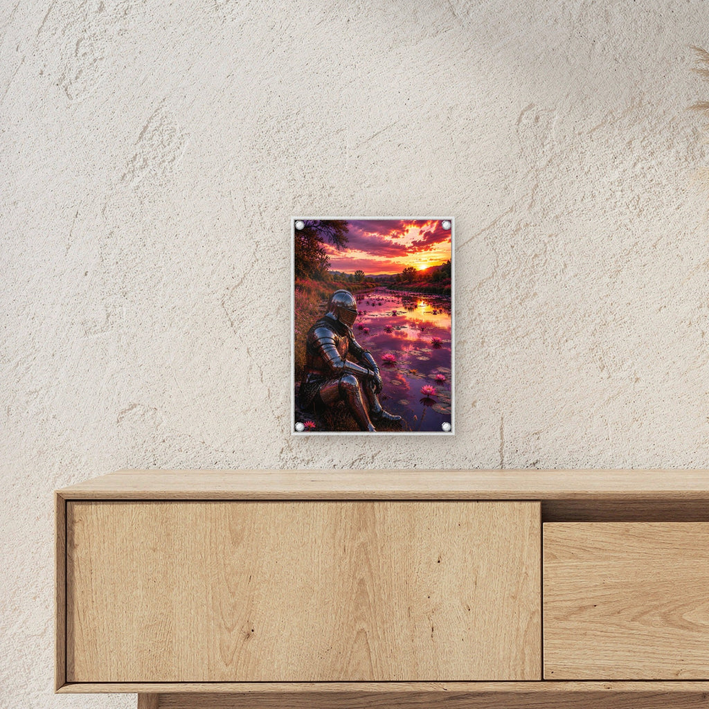 Ritter & Seerosen, Acrylglasbild auf Acrylglas mit Edelstahl-Abstandshaltern ueber einem Sideboard, zeigt die Groesse im Raum