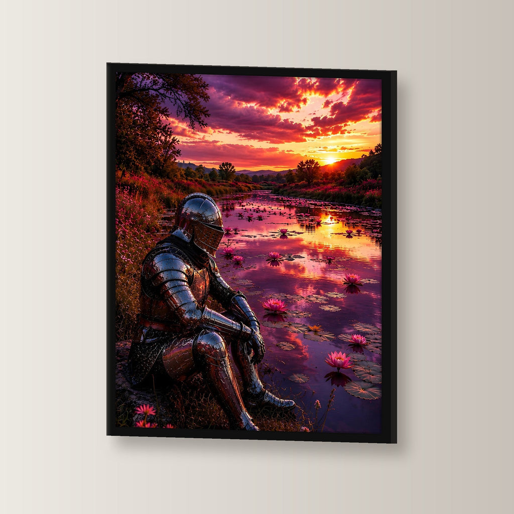 Ritter & Seerosen, Poster gerahmt im schwarzen Holzrahmen, leicht gedreht an der Wand fotografiert