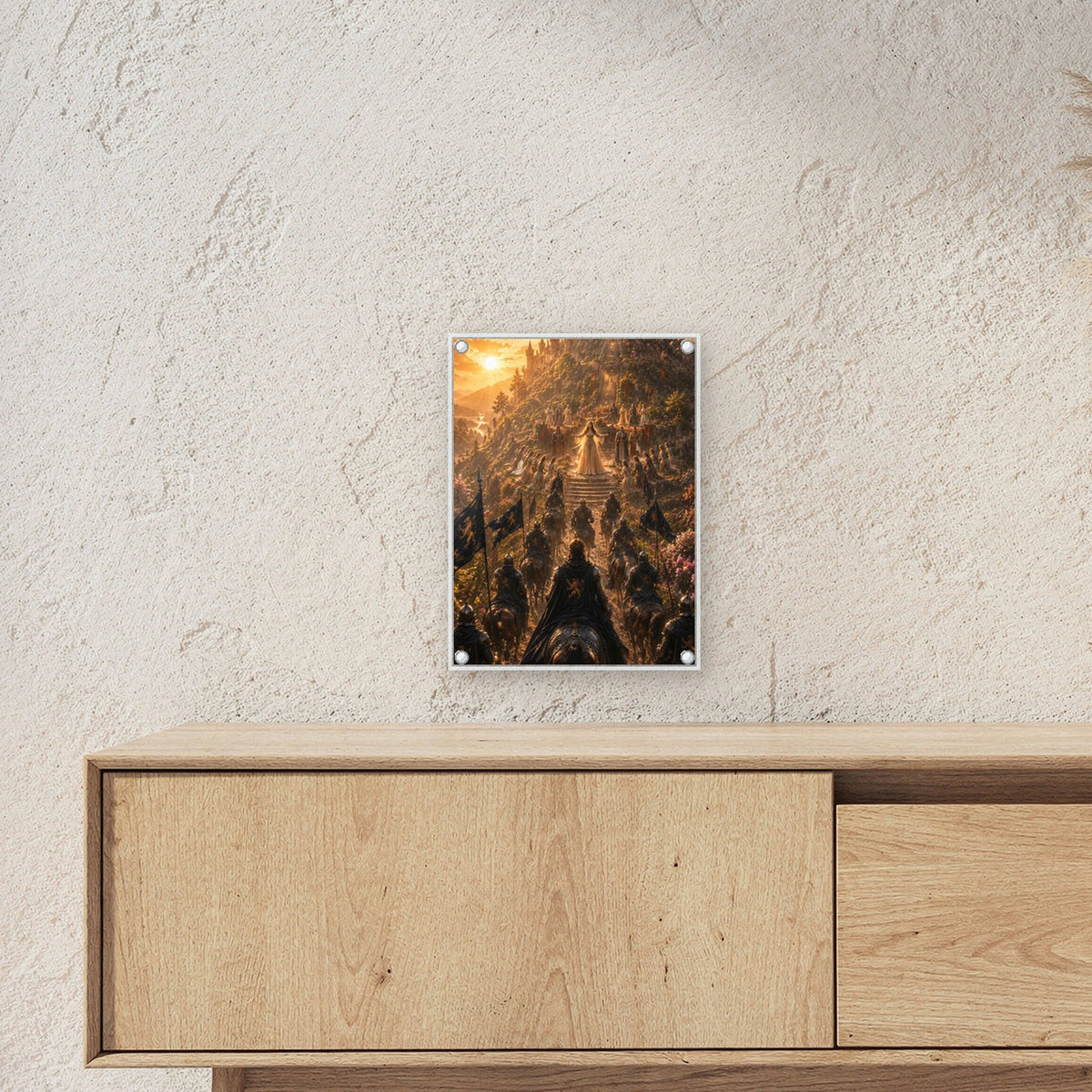 Dark-Fantasy Acrylglasbild auf Acrylglas mit Edelstahl-Abstandshaltern ueber einem Sideboard, zeigt die Groesse im Raum