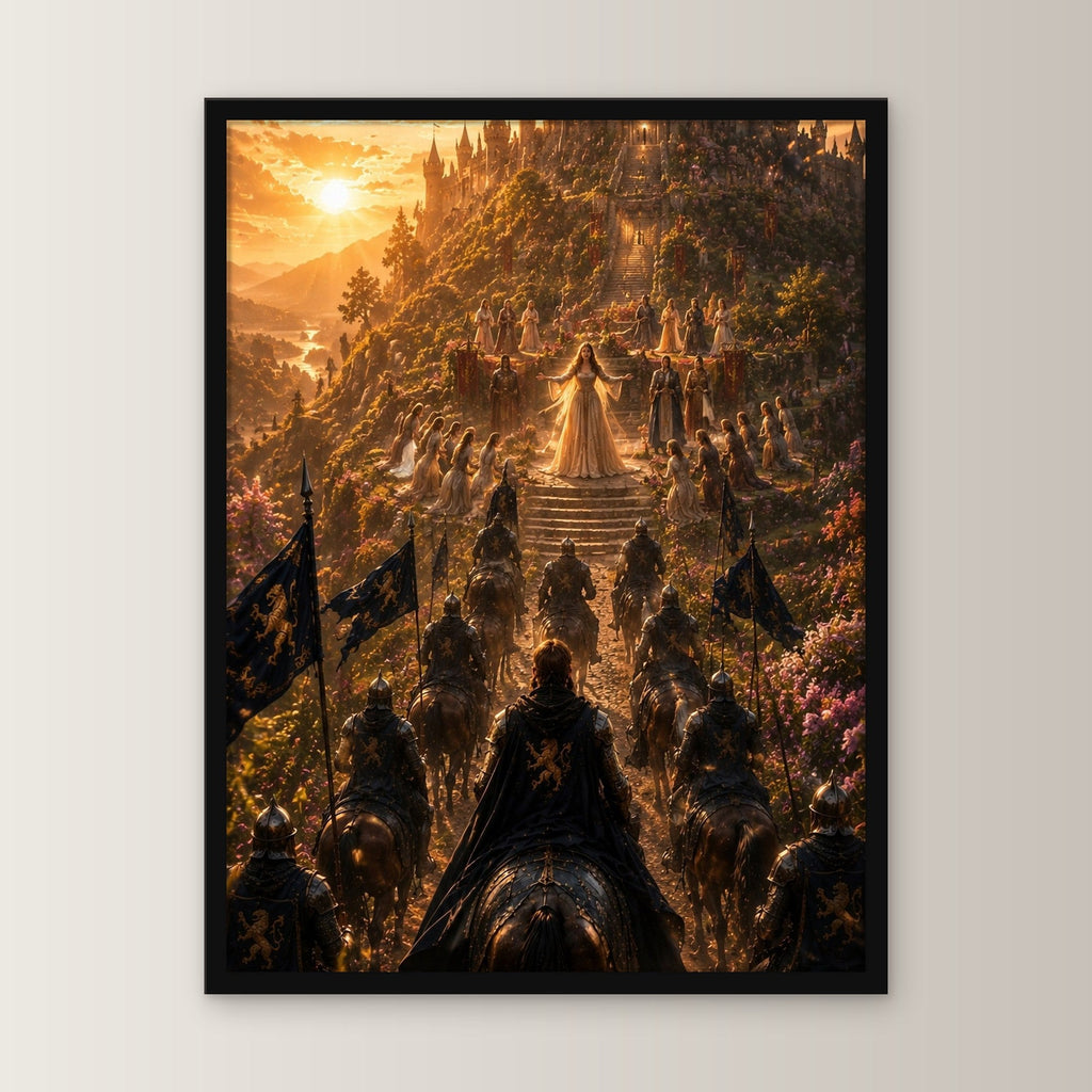 Dark-Fantasy Poster gerahmt im schwarzen Holzrahmen, gerade von vorn an heller Wand