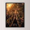 Dark-Fantasy Poster gerahmt im schwarzen Holzrahmen, gerade von vorn an heller Wand