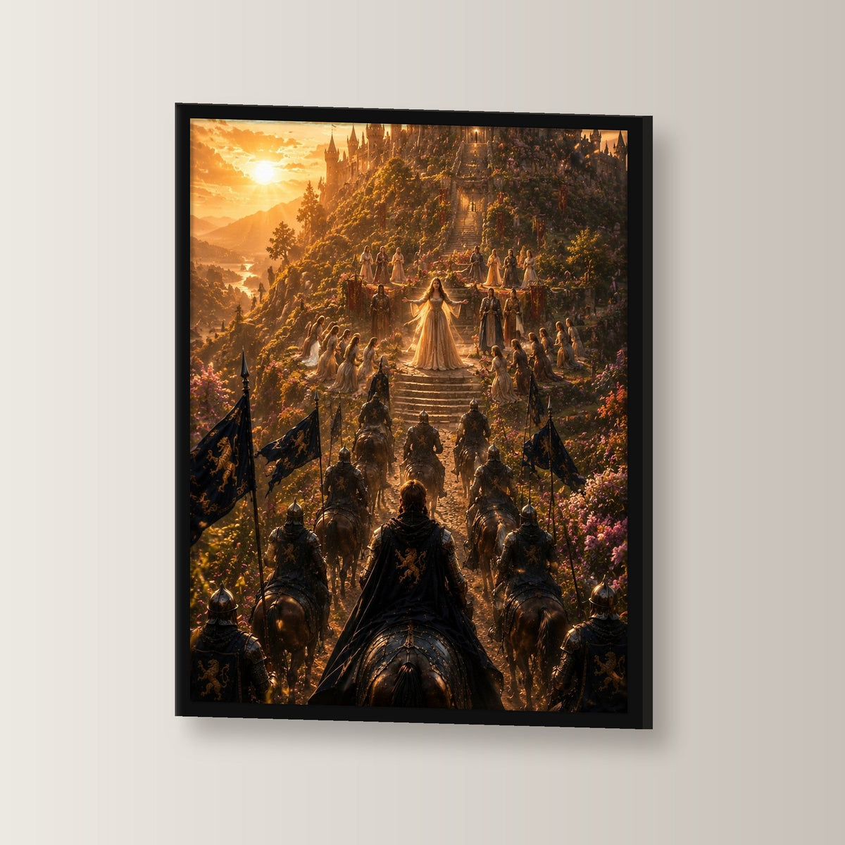 Dark-Fantasy Poster gerahmt im schwarzen Holzrahmen, leicht gedreht an der Wand fotografiert