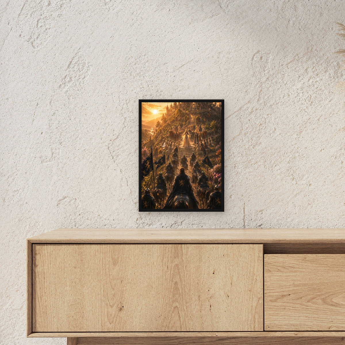 Dark-Fantasy Poster gerahmt im schwarzen Holzrahmen ueber einem Sideboard, zeigt die Groesse im Raum
