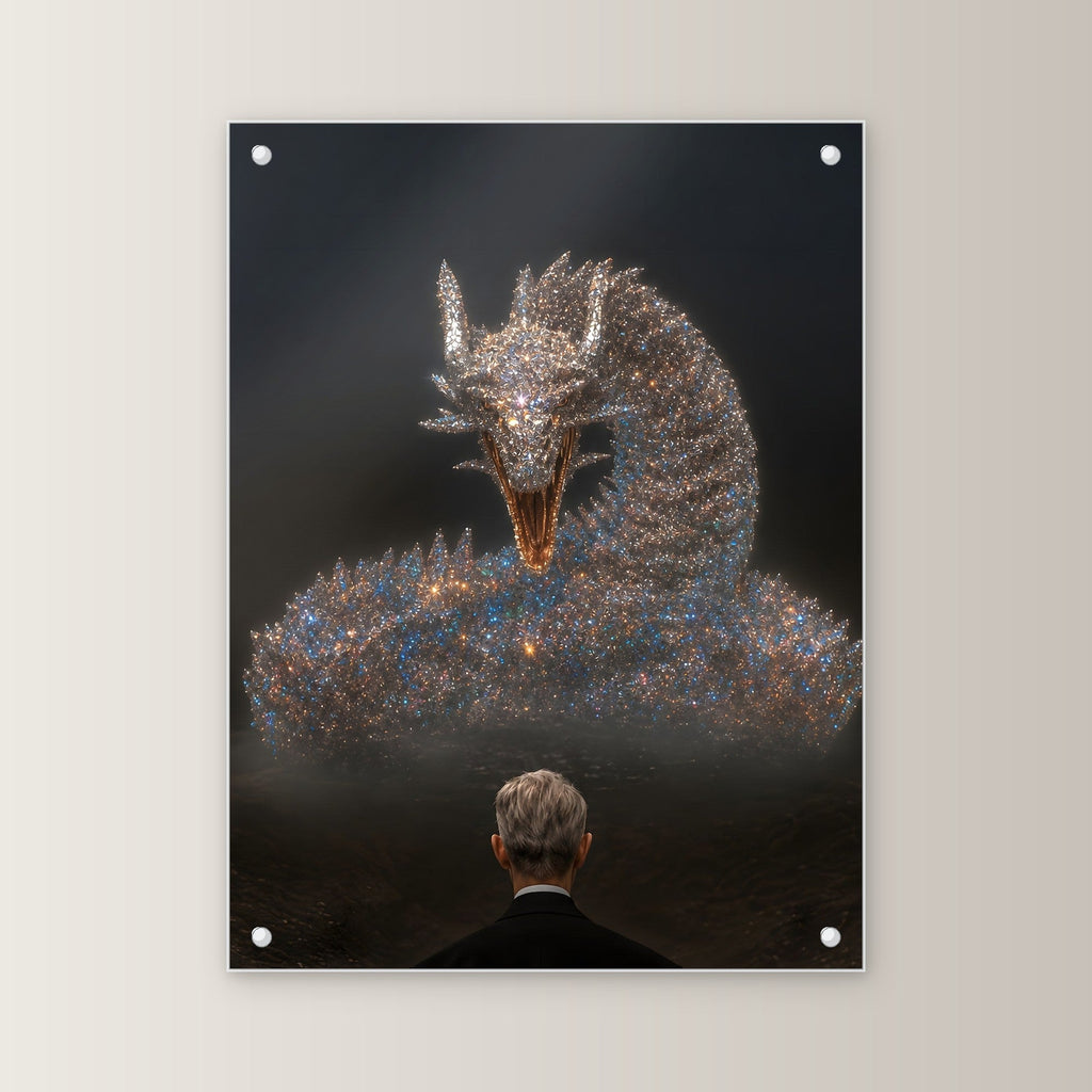 Dark Fantasy Wandbild Acrylglas | Drache Gothic Kunstdruck auf Acrylglas mit Edelstahl-Abstandshaltern, gerade von vorn an heller Wand