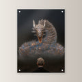 Dark Fantasy Wandbild Acrylglas | Drache Gothic Kunstdruck auf Acrylglas mit Edelstahl-Abstandshaltern, gerade von vorn an heller Wand