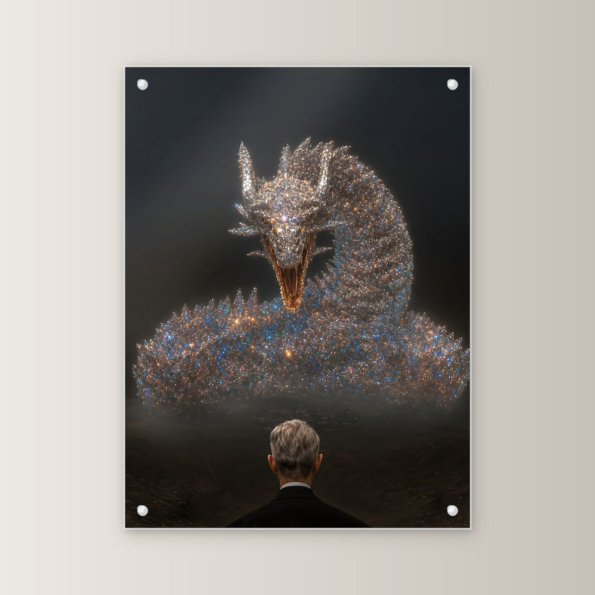 Dark Fantasy Wandbild Acrylglas | Drache Gothic Kunstdruck auf Acrylglas mit Edelstahl-Abstandshaltern, gerade von vorn an heller Wand