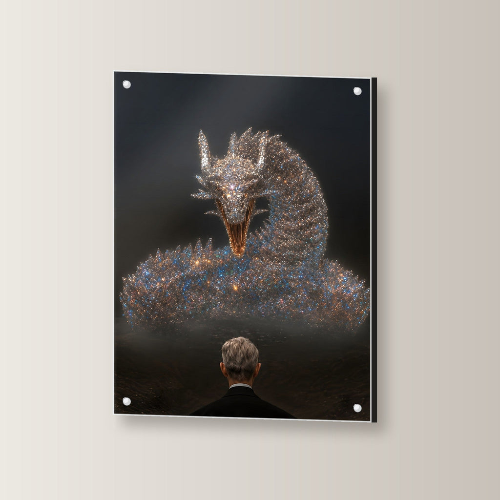 Dark Fantasy Wandbild Acrylglas | Drache Gothic Kunstdruck auf Acrylglas mit Edelstahl-Abstandshaltern, leicht gedreht an der Wand fotografiert