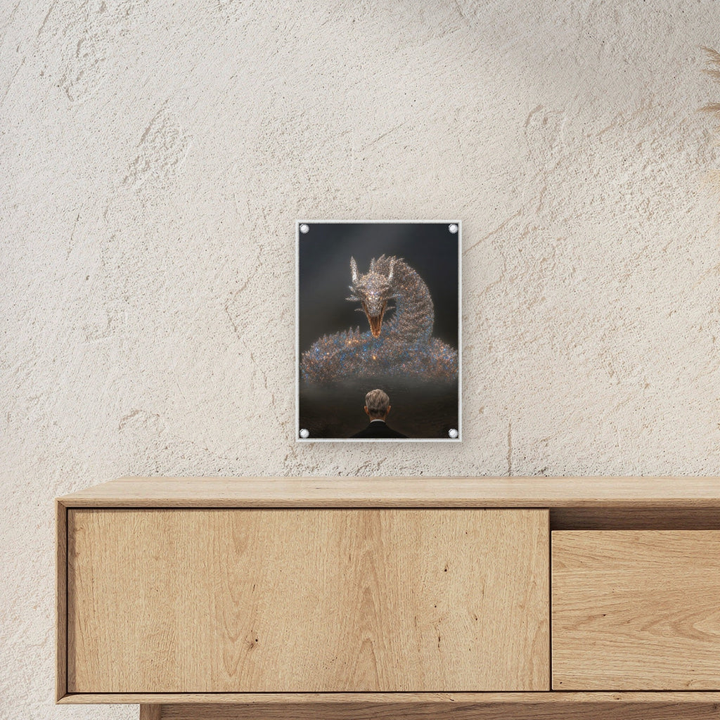 Dark Fantasy Wandbild Acrylglas | Drache Gothic Kunstdruck auf Acrylglas mit Edelstahl-Abstandshaltern ueber einem Sideboard, zeigt die Groesse im Raum