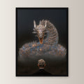 Dark Fantasy Wandbild gerahmt | Drache Poster Kunstdruck im schwarzen Holzrahmen, gerade von vorn an heller Wand