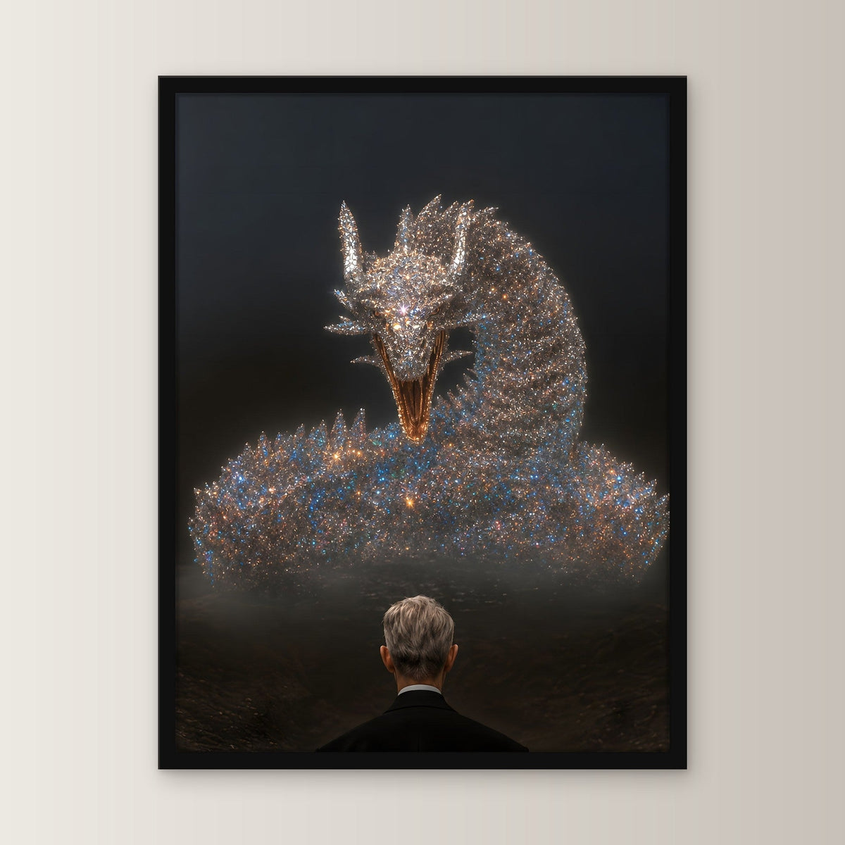 Dark Fantasy Wandbild gerahmt | Drache Poster Kunstdruck im schwarzen Holzrahmen, gerade von vorn an heller Wand