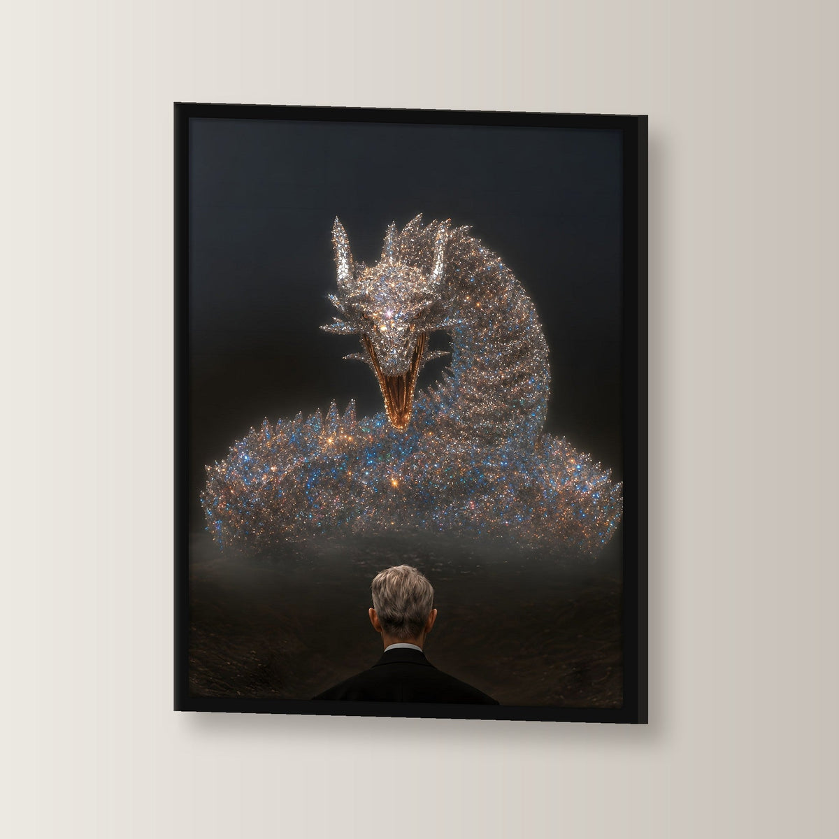 Dark Fantasy Wandbild gerahmt | Drache Poster Kunstdruck im schwarzen Holzrahmen, leicht gedreht an der Wand fotografiert